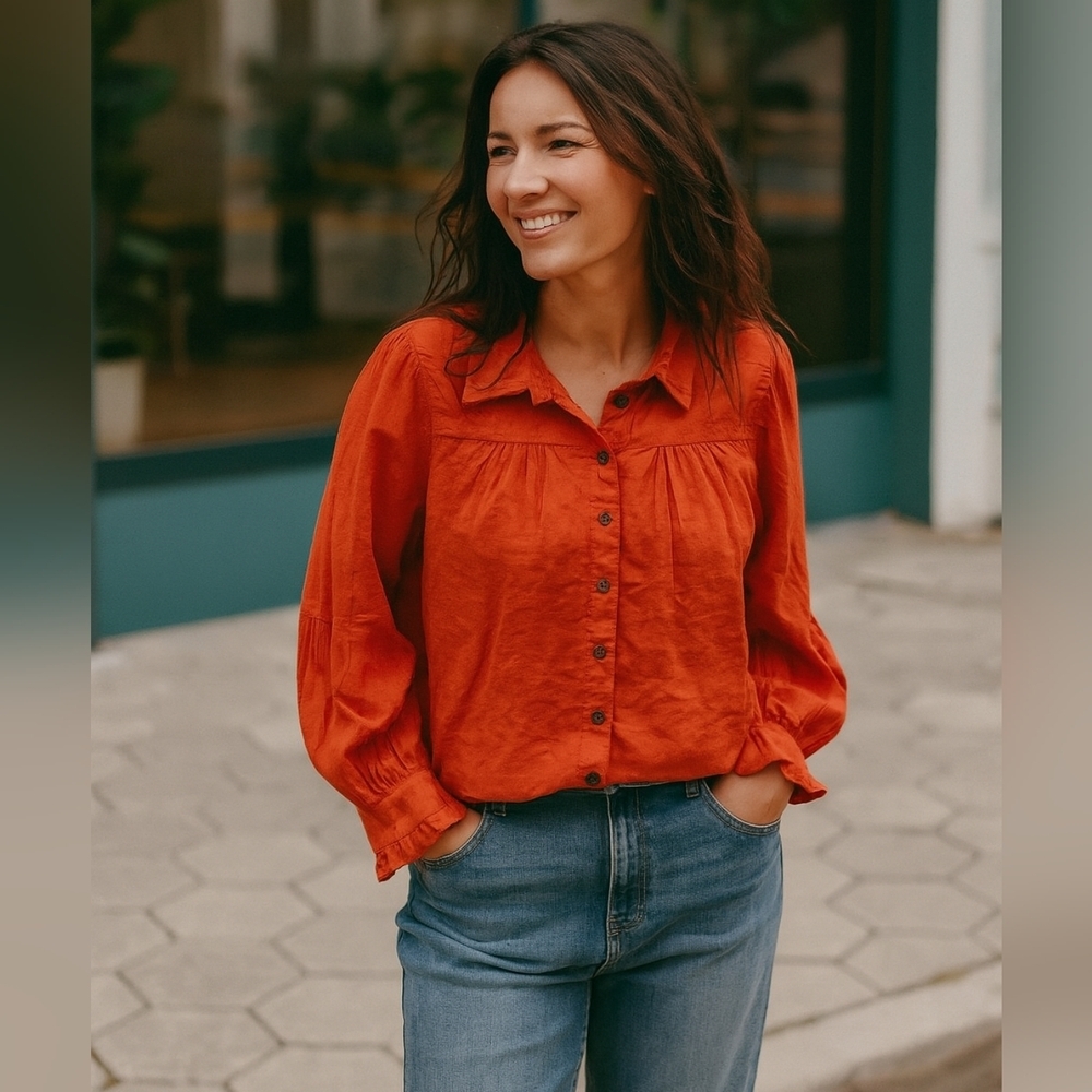 FP Long Sleeve Boho Embroidered Button Down Blouse